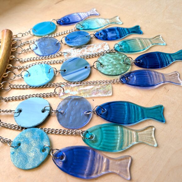 Stunning Stained Glass & Blue Glass Fish Wind Chime - Beach Decor - Picture 12 of 14